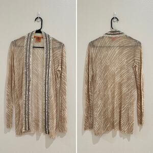 Tory Burch Tan White Stripe Open Front Sequin Trim Linen Cardigan Size Small